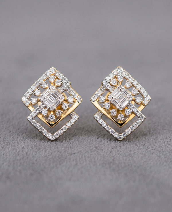 Gold & Diamond Square Stud Earrings