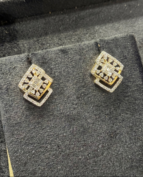Gold & Diamond Square Stud Earrings